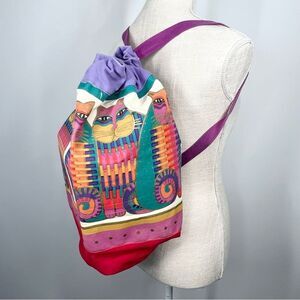 VTG Laurel Burch "Rainbow Cat Cousins" Drawstring Backpack Canvas Duffel